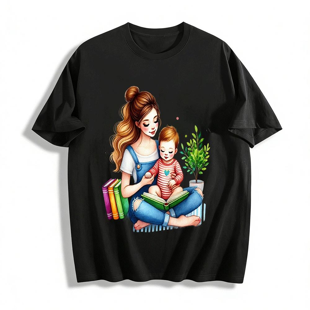 Mother And Baby Reading Time Graphic Casual Adult T-Shirt Pure cotton T-shirt XXS