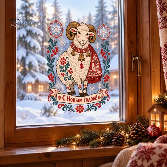 Easy Peel Glass Surface Stickers 2027 Year of Goat Window Clings, Russian New Static Sticker, Floral Garland Zodiac Wall Decor Vintage PVC Decal