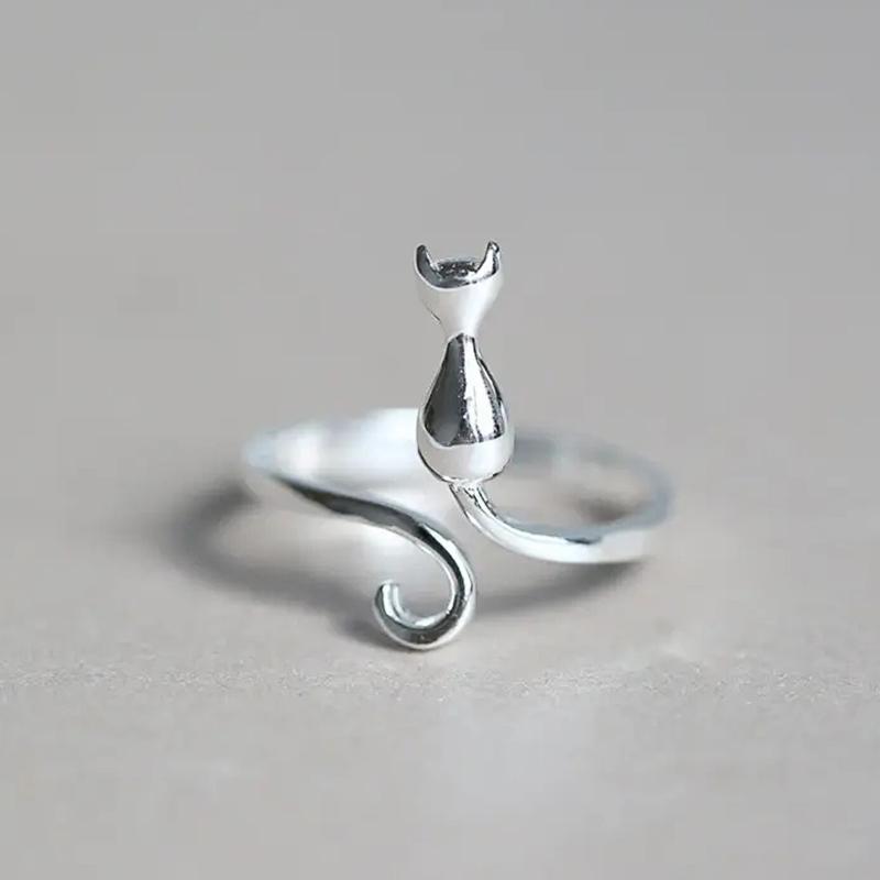 Ladies' Silver Cat Ring, Can Be Opened And Adjusted In Size, Simple And Fashionable Ring, Versatile Accessory Jewelry.