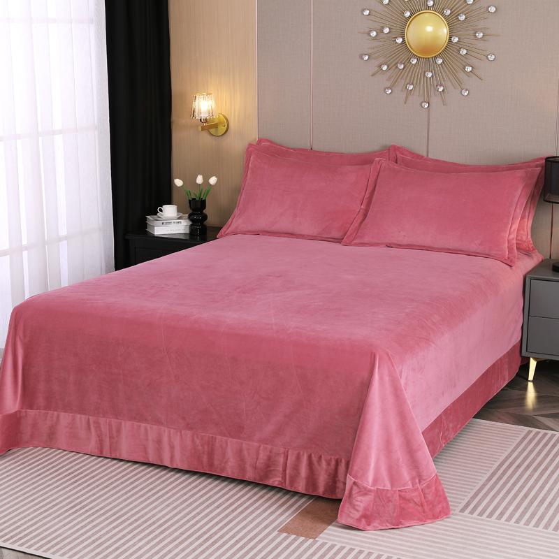 Solid Color Milk Velvet Bed Sheet Winter Warm Thick Flannel Flat Bedsheet Sets Double Size Soft Plush Bedspread No Pillowcases