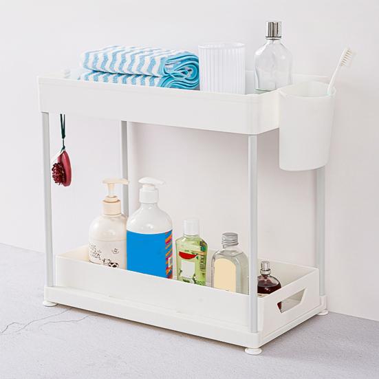 Bathroom Storage Rack with Hooks Pockets Drainage Double-layer Large Capacity And Pull-out Drawer Anti-skid