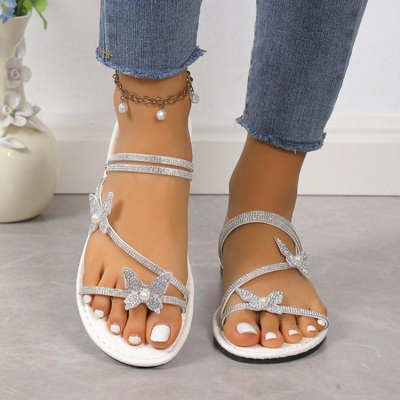 Rhinestone Bow Cover Toe Sandals Women's New Flat Bottom with Skirt Beach One Shoe Two Wear Women's Cool Slippers 41