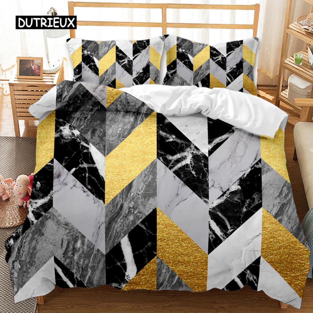 Marble Duvet Cover Set Black White Gold Abstract Marble Texture Printed Black White Double Queen King Size Polyester Bedding Set