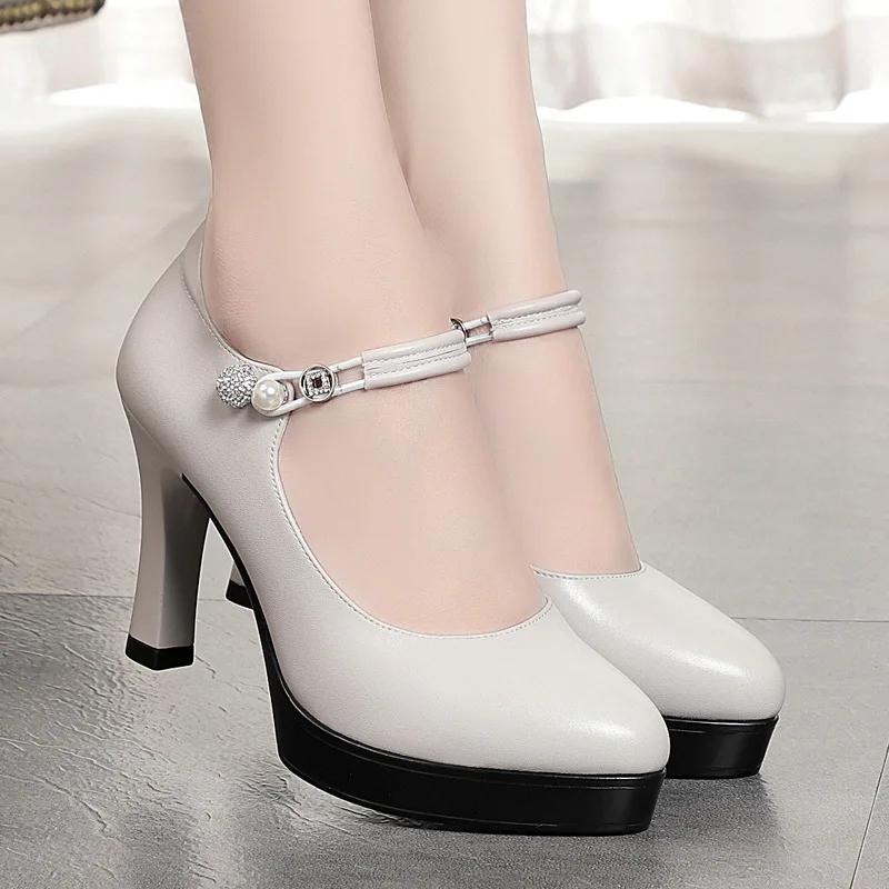 9cm Elegant Comfortable Shallow Soft Leather Shoes Platform Pumps Women 2025 Fall Block High Heels Shoes for Office Model Dress
