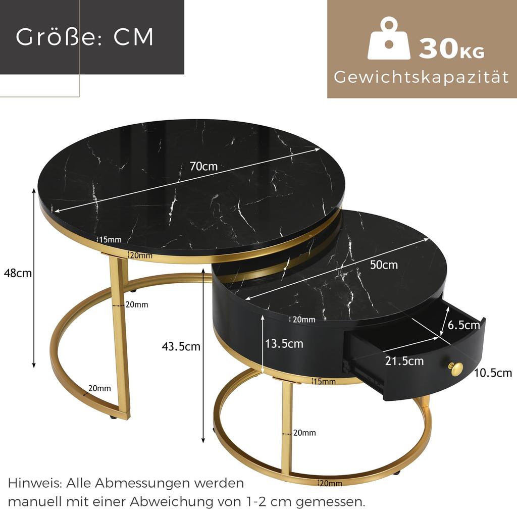 Couchtisch Rund, Satztisch 2er Set, Moderne Nesting Kaffeetisch Schublade, Gold Marmormuster, Sofatische Schlafzimmer Balkon Büro, Schwarz