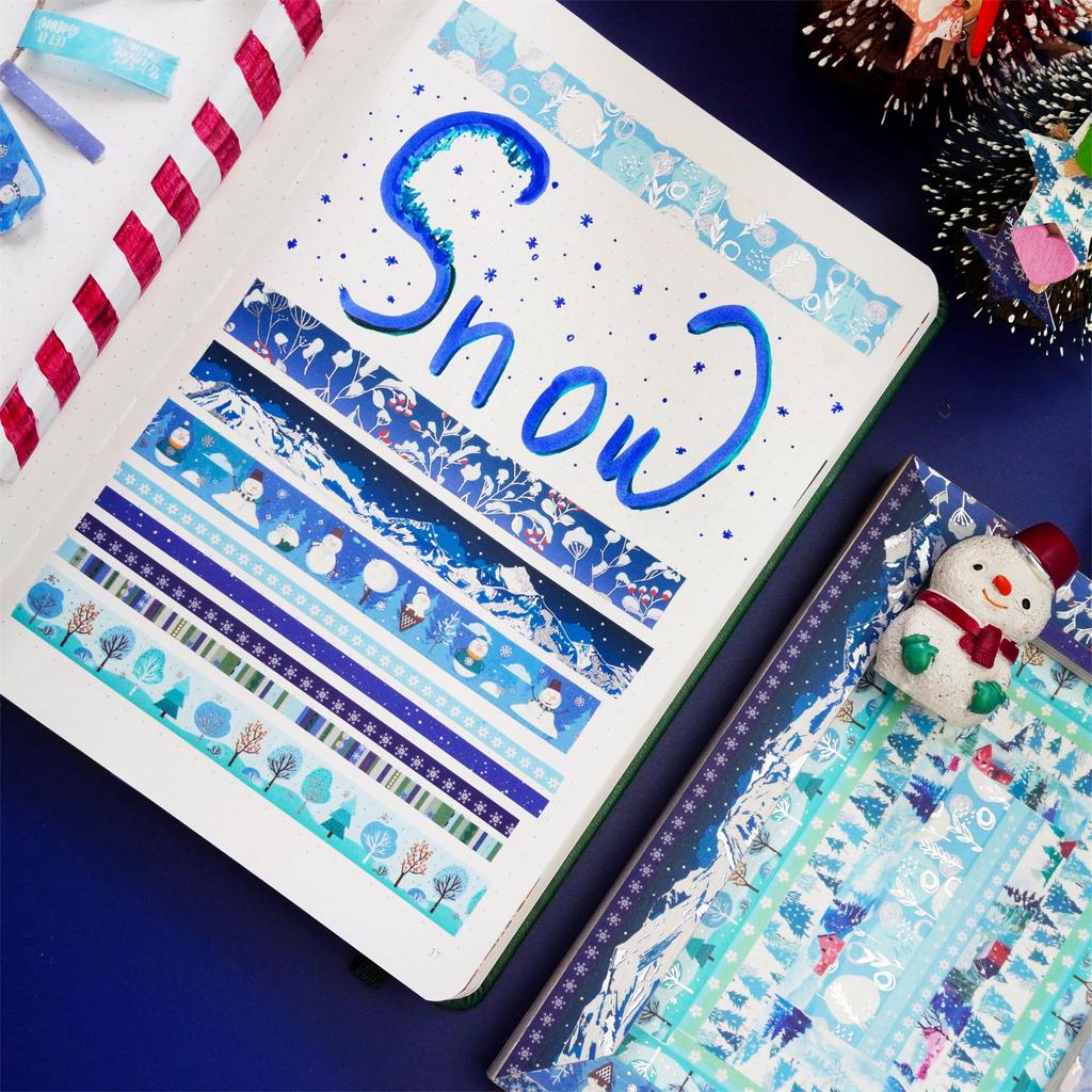 YUBX Winter Masking Tape Blue Washi Snow Silver Foil Narrow for DIY Gift Decoration Narrow 19-Piece Set, Tape, Pattern, Stamping, Strips, Crafts,