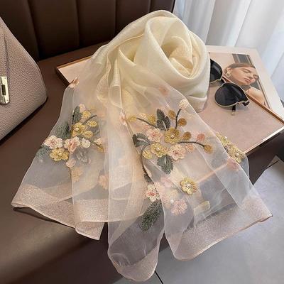 Lehký vyšívaný květinový šátek Tenký krém na opalování s květem Begonia Dlouhý šátek Elegantní prodyšný dámský šátek