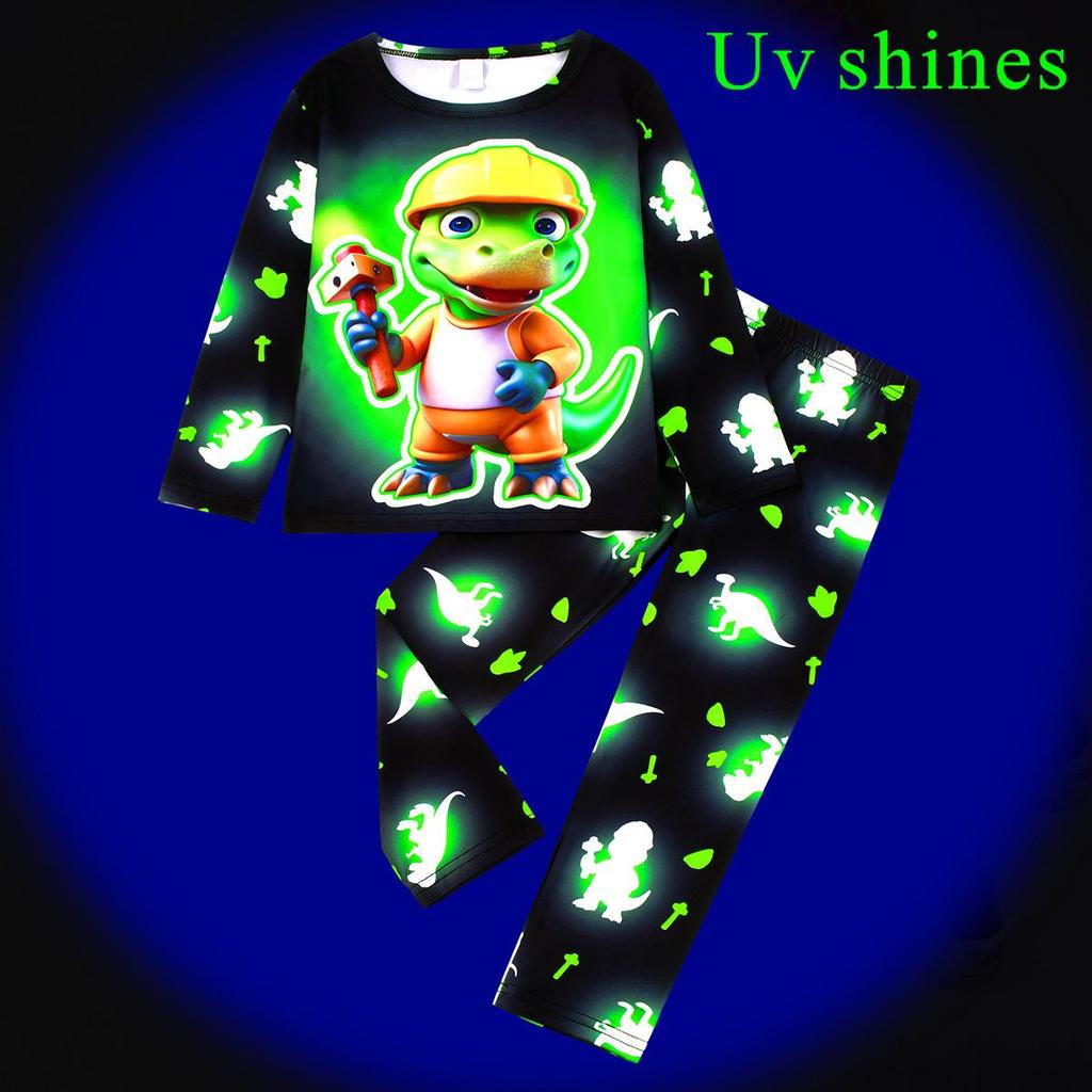 Flame-Retardant Milk Silk Kids' Dinosaur Pajama Set - Green Fluorescent, Long Sleeve & Pants