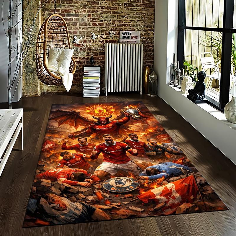 """Teppich im Manchester United Design mit feurig rotem Muster und Pokalaufdruck"" Geeignet für den Einsatz als Anti-Rutsch-Matte für Wohnzimmer, Schlafzimmer, Sofas"""