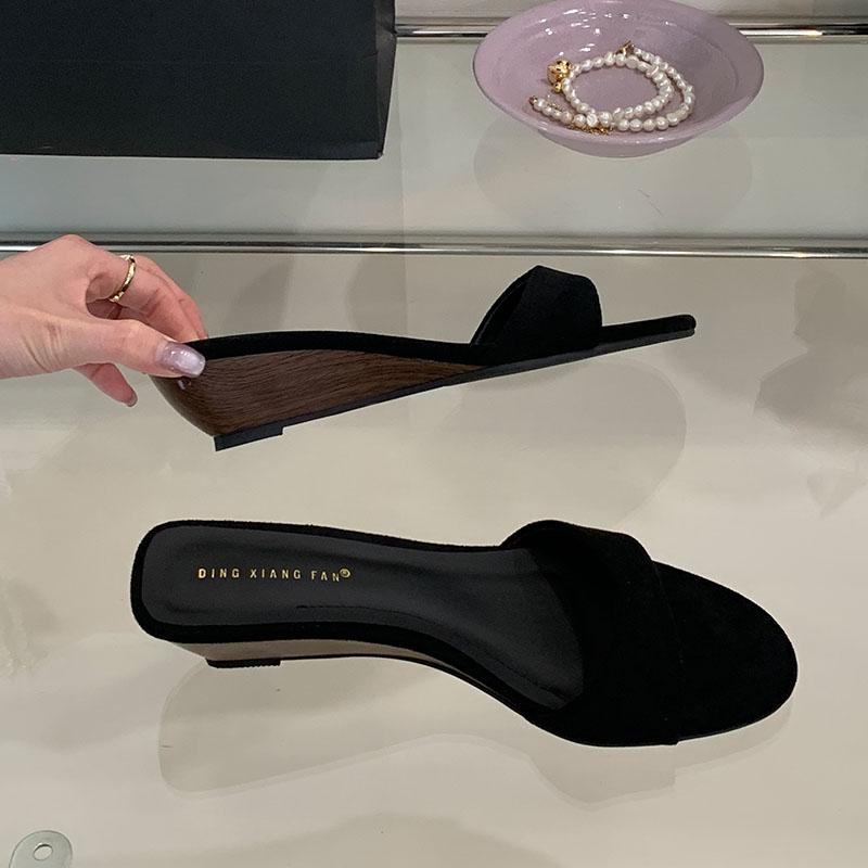 

Fashion Flock Fashion Round Toe Women Wedges Slippers Sandals Shoes Luxury Female Slides Footwear Sexy Ladies Heeled Slippers Shoes 35 чёрный