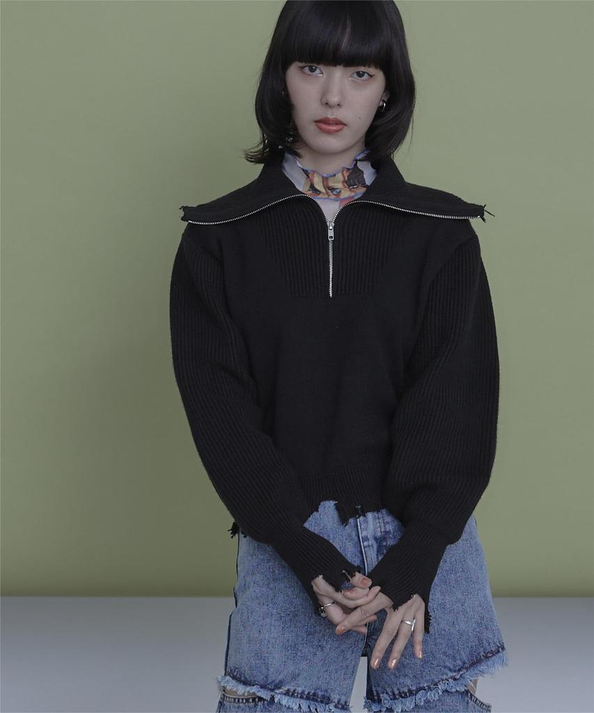 miette Distressed Knit Pullover REXX1080 Free Size Black Half-Zip Women's