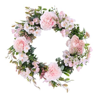 Spring Artificial Peony Wreath Decorative Simulation Flower Wreath for Front Door Wall Window Fireplace Decor Pink