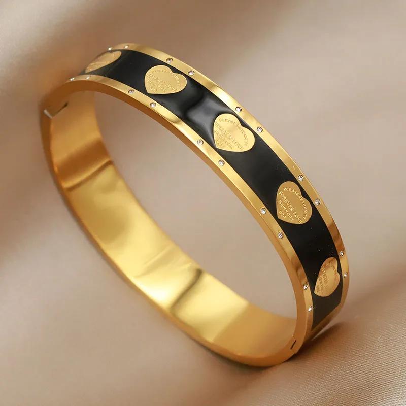 Stainless Steel Metal Oil Heart Bangles&bracelets for Women Fashion Brand Jewelry Elegant Black Bangles Accessories