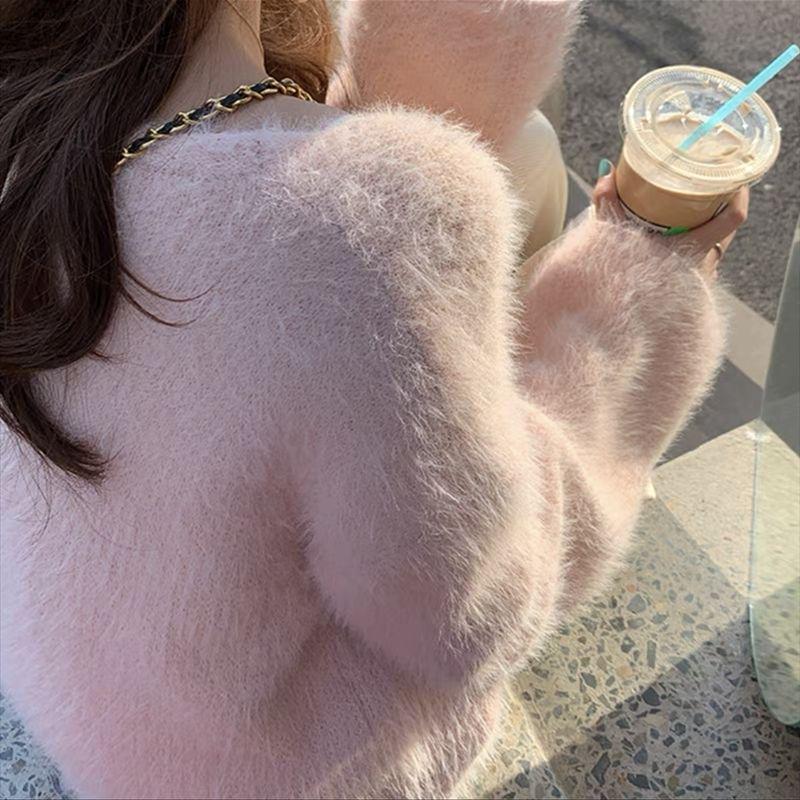 Korean Style Faux Mink V-Neck Pullover Sweater for Women - Autumn/Winter Versatile Loose Fit