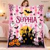 Personalized Halloween Blanket for Girls, Custom Name Little Witch Blanket, Cute Spooky Kids Fleece Throw, Halloween Gift for Daughter