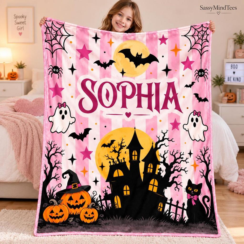 Personalized Halloween Blanket for Girls, Custom Name Little Witch Blanket, Cute Spooky Kids Fleece Throw, Halloween Gift for Daughter