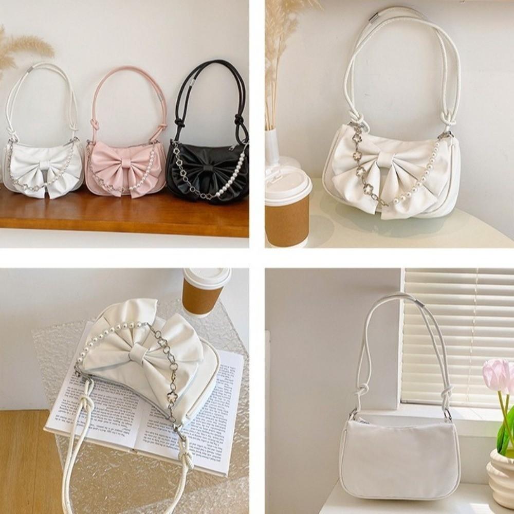 PU Leather Women Underarm Bag Solid Color Bow Handbag Fashion Bowknot Shoulder Bag  Office Worker