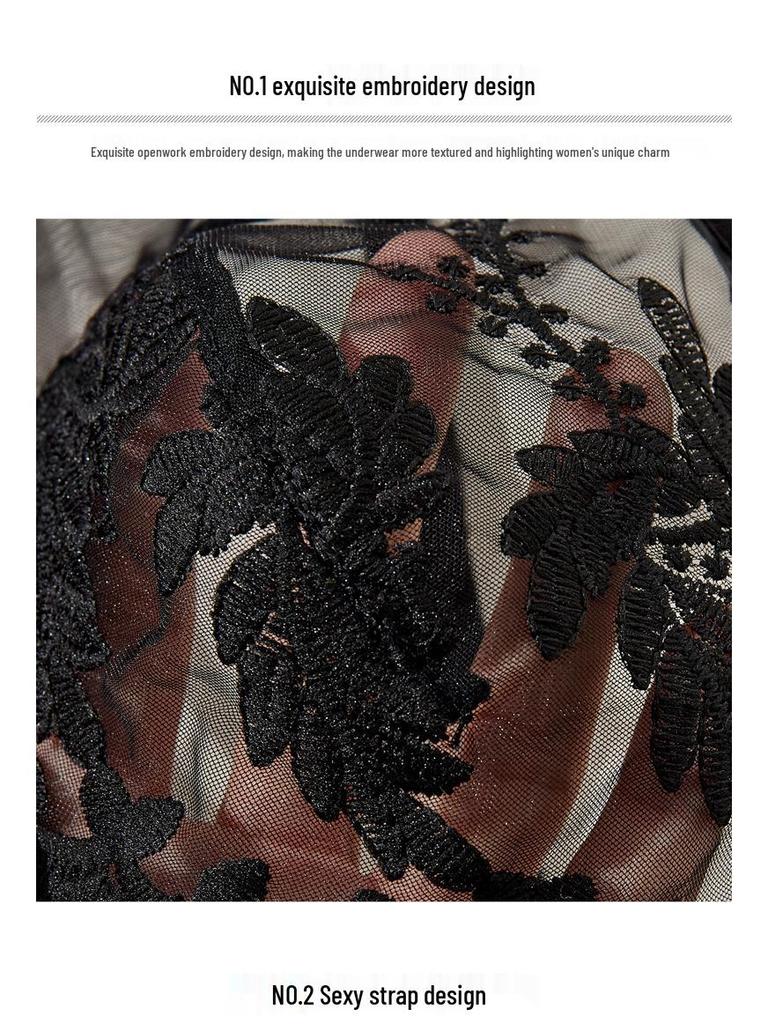 Multi-Color Bow Wheat Ear Embroidered Deep V See-Through Lingerie Set with T-Back