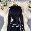 Women New Fashion Spring Autumn Stand Neck Slim Knit Sweater Dress Lace Up Bow Knot Long Sleeve Black Casual Knitwear
