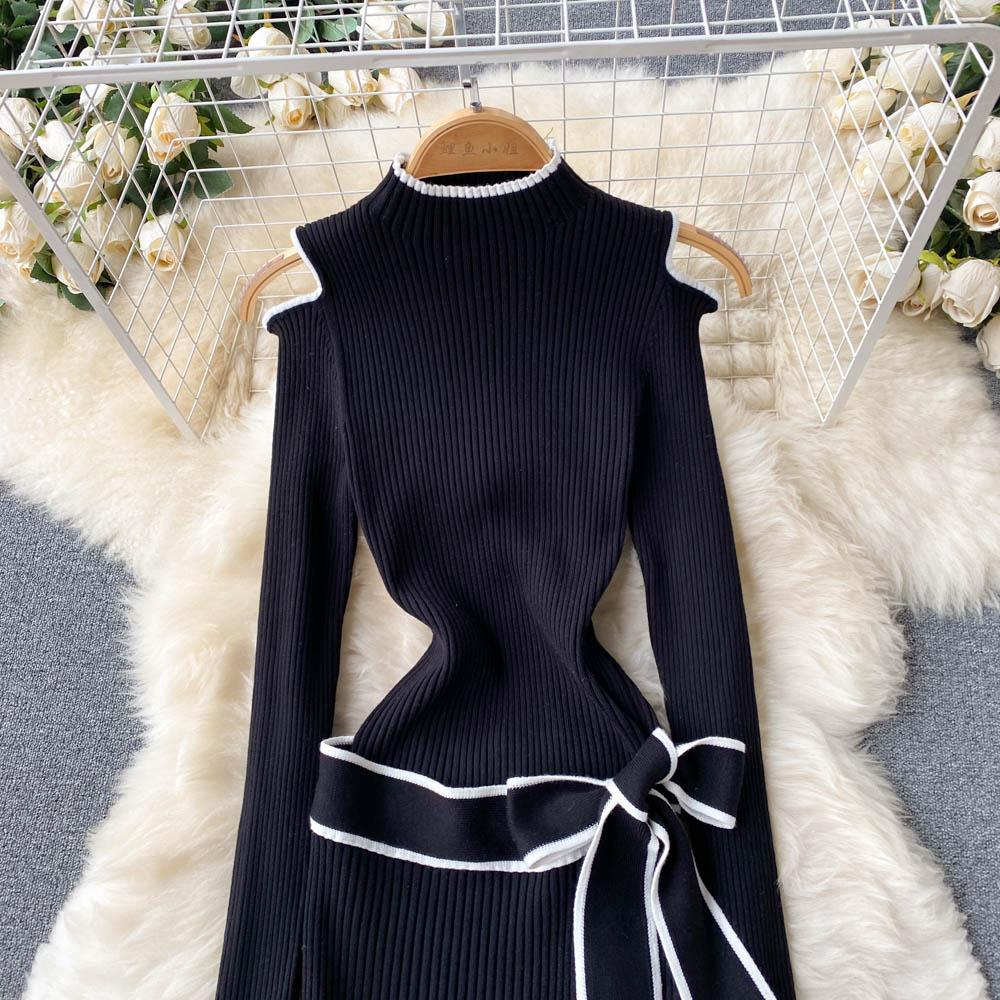 Women New Fashion Spring Autumn Stand Neck Slim Knit Sweater Dress Lace Up Bow Knot Long Sleeve Black Casual Knitwear