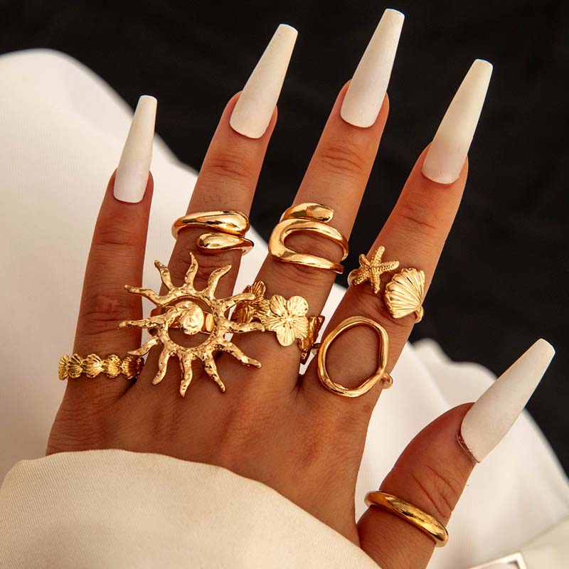 8Pcs/Set Vintage Metal Flower Shell Sun Rings Set for Women Punk Gold Color Irregular Adjustable Knuckle Ring Jewelry Gift