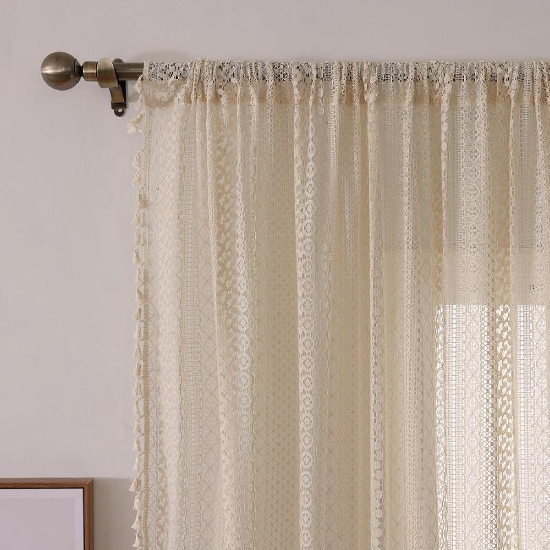 Cremefarbene Vintage-Vorhänge Boho-Vorhänge für Schlafzimmer 1 Stück, Bauernhaus Böhmische Dekoration Häkelspitze Transparent Sichtschutz Lichtdurchlässig mit Quasten Lange Fenstervorhänge Stangentasche