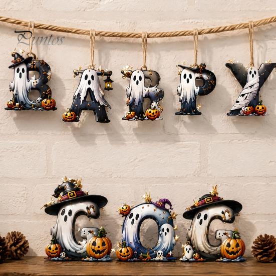 Halloween Wooden Hanging Ornaments Letter Ornament, Spooky Alphabet Letters Pendant with Ghost Handmade Craft Supplies for Parties Pumpkin Witch
