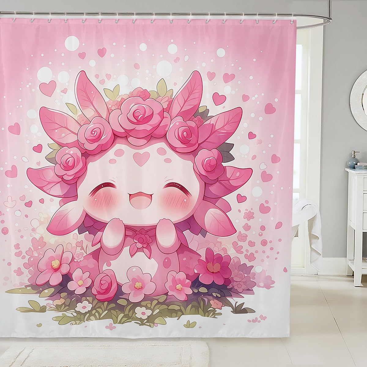 

Pink Castle Bathroom Shower Curtain Girly Princess Themed Pattern Shower Curtain,Rainbow Glitter Flowers Fabric Shower Curtain W60H190(CM)-1 Pcs