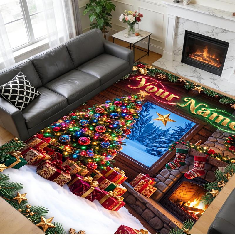 Christmas Custom Name Printed Square Area Rug Soft Non Slip Floor Carpet For Bedroom Holiday Gift
