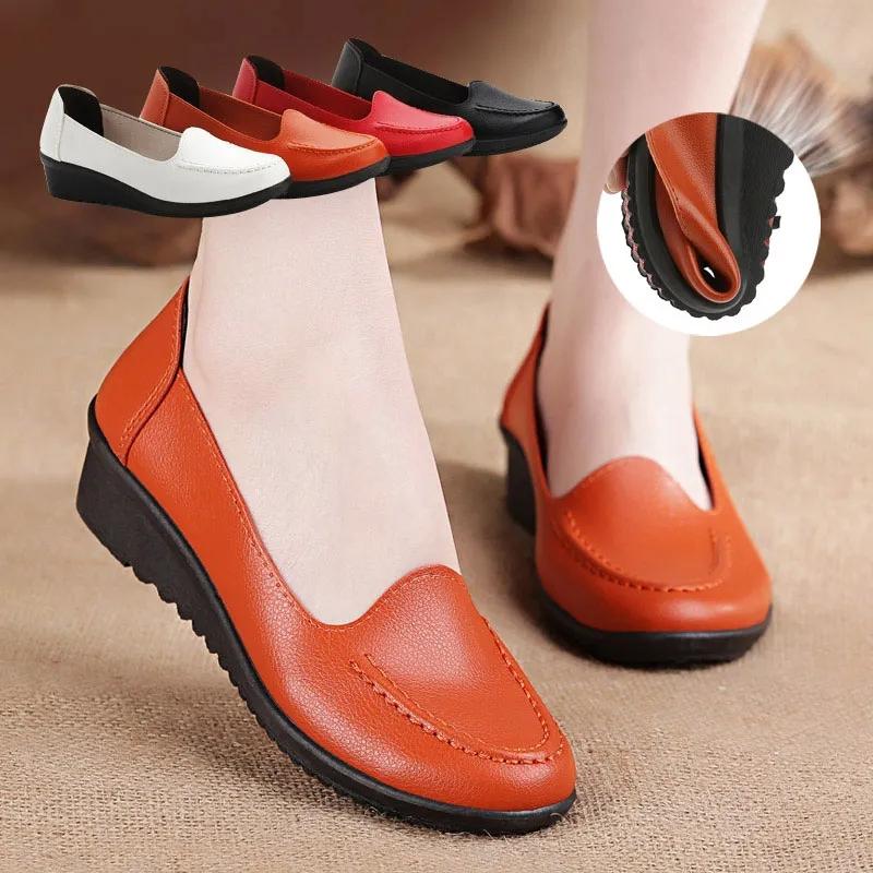 Handmade Leather Soft Shoes Female Flats Lady Round Toe Shoes Loafers Casual Shoes Women