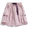 Black Cargo Shorts Pocket Design Adjustable Purple Belt Lightweight Fabric Casual Loose Elastic Waist