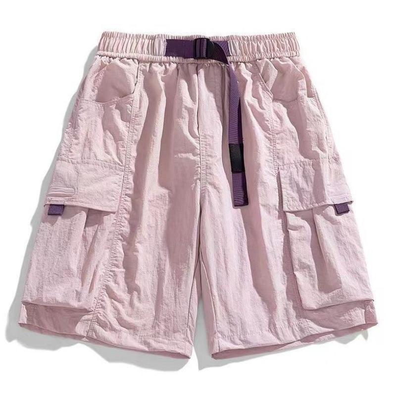 Black Cargo Shorts Pocket Design Adjustable Purple Belt Lightweight Fabric Casual Loose Elastic Waist