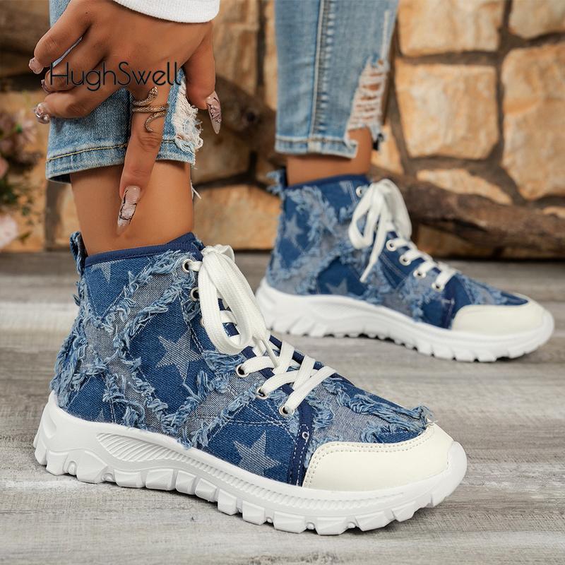 Fashion Star Print High Top Lace-up Denim Sneakers Woman Casual Fringed Short Boots Ladies Fashion Brand Design Canvas Shoes