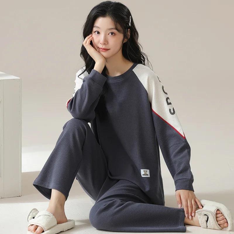 Autumn Winter Waffle Cotton Pajamas for Women Long Sleeves Home Wear Casual Sports Pijamas Round Collar Woman Sleepwear