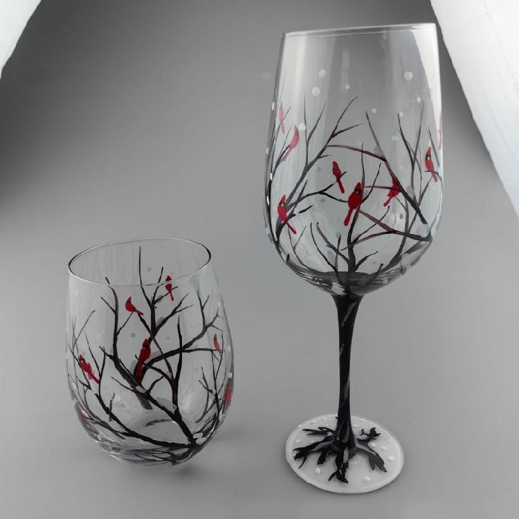 Handmade Painted Glass Wine Glasses Four Seasons Tree Goblet Gift for Friend