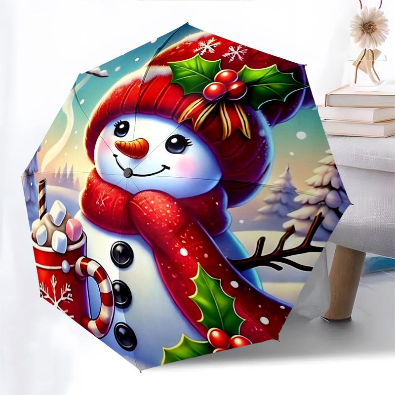 

1pc Christmas Snowman Design Automatic Opening Folding Umbrella with Holly Berries, 8 Bone Iron Frame, Outdoor, Festive Gift for Fans, Travelers, Dail
