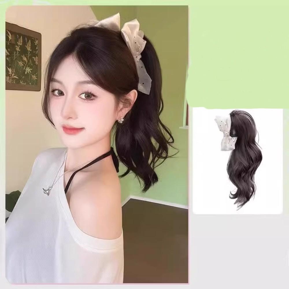 Synthetic Women's Simulation Wavy Curl Playful Braided Bow Clip-on Ponytail Wig Hair Extensions 35CM