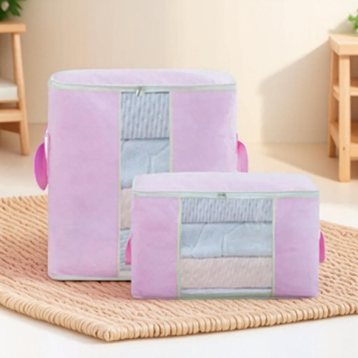 

Large Capacity Clothing Storage Bag Organizer Thick Fabric Blanket Bedding Storage with Reinforced Handles Size S розовый
