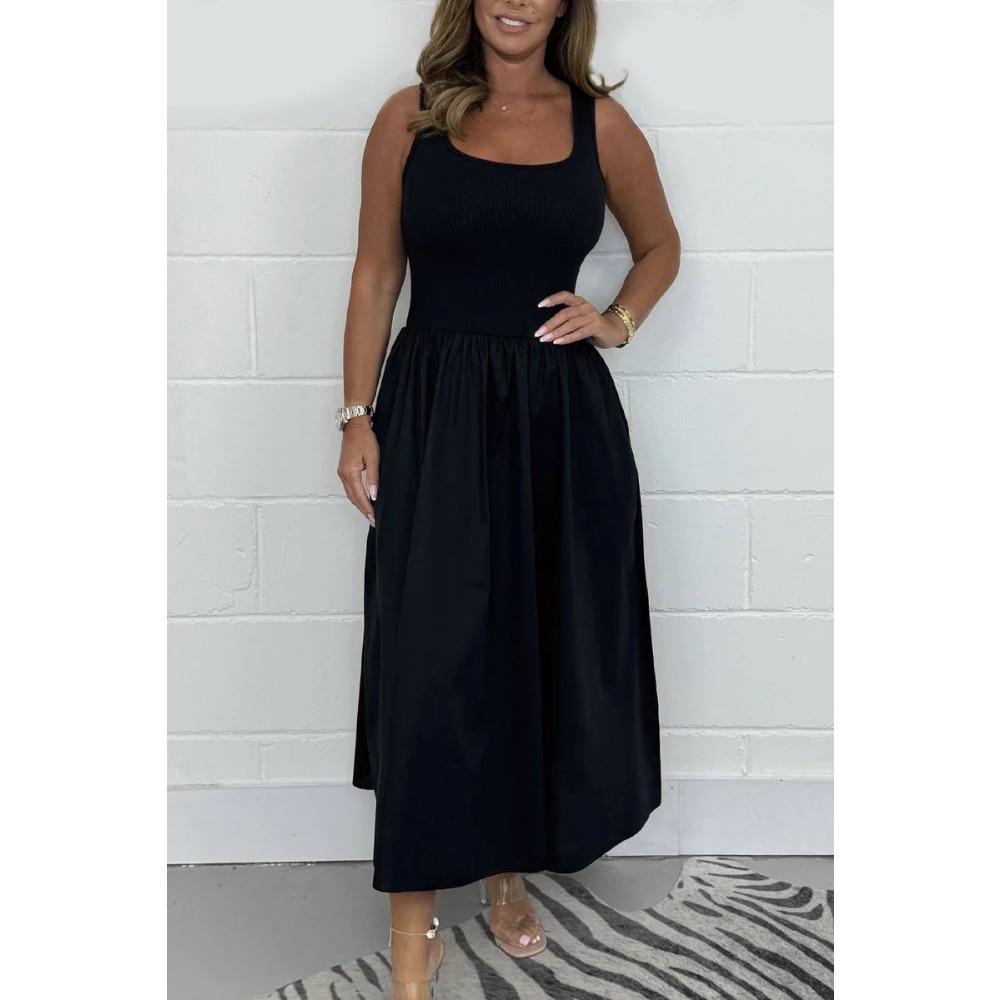 Women s U Neck Sleeveless Empire Waist Midi Dress Solid Color Casual Dress S