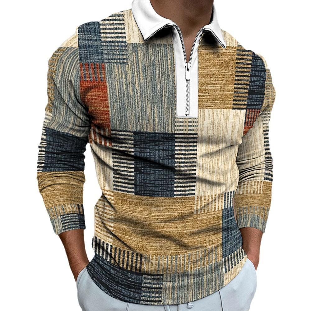 Men's Zip Casual Sweatshirt Slim Men's Plaid Digital Print Long Sleeve Polo Top