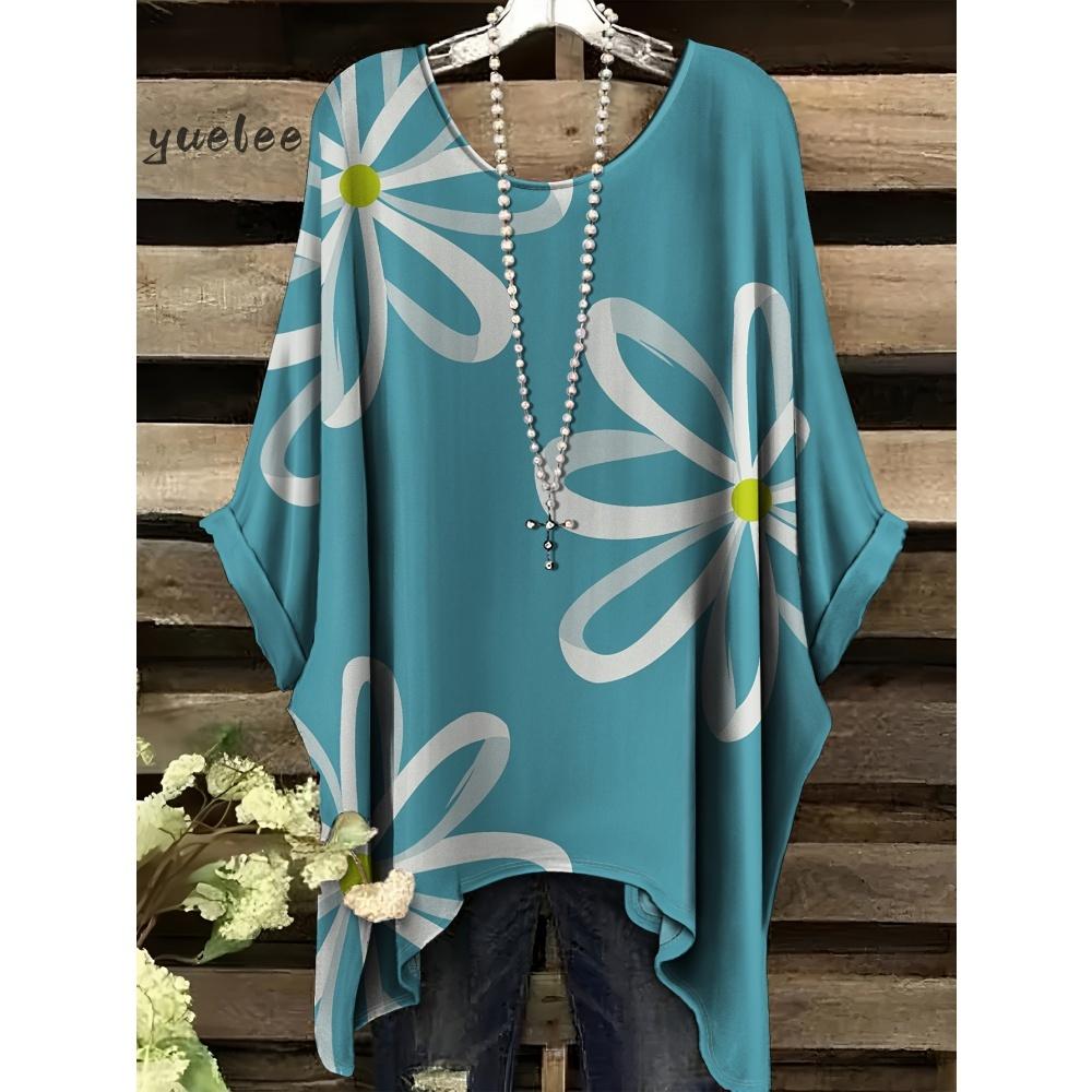 T-shirt Estiva Elegante Bohemien Bicolore da Donna con Stampa Floreale a Forma di Cuore e Farfalla, Scollo Tondo, Blusa Casual, Abbigliamento Bohemien da Donna