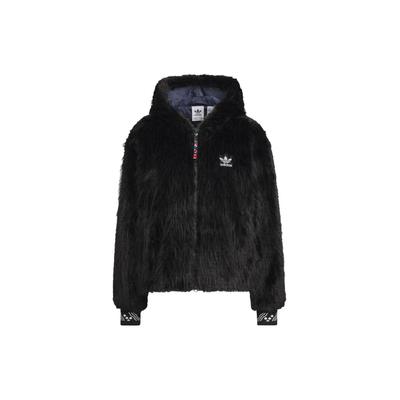 שיתוף פעולה Originals X Feifei Ruan FW23 מעיל פליז עם קפוצ'ון לוגו בצבע אחיד נשים מעילים שחור IX4226