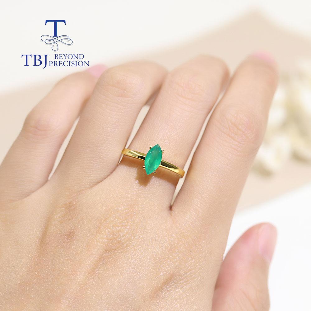 Natural Simple Gemstone Ring Mq 4*8mm Green Agate 18k Gold Over 925 Sterling Silver Fine Jewelry for Girls Daily Wear Nice Gift