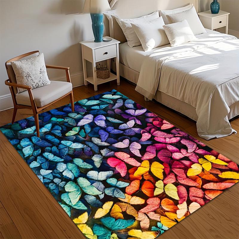 Multicolor Rainbow Butterfly Area Rug for Living Room Bedroom Whimsical Eco-Friendly Home Decor Soft Non Slip Washable Floor Mat
