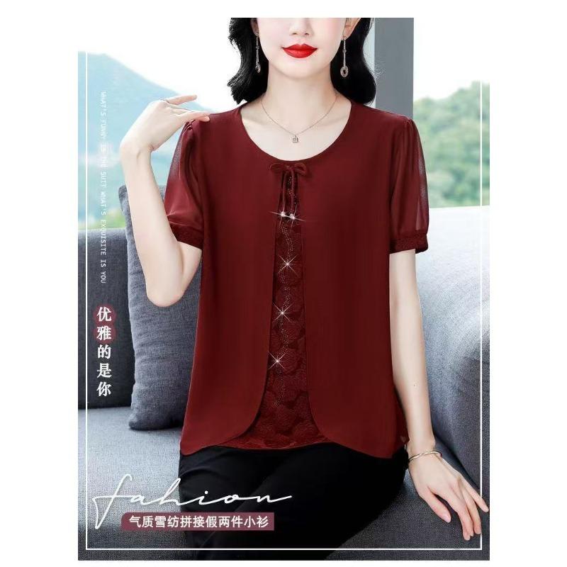 Women's Pink Short Sleeve Blouse Ruffled Tie Front Chiffon Loose Casual Daily Elegant Office Top