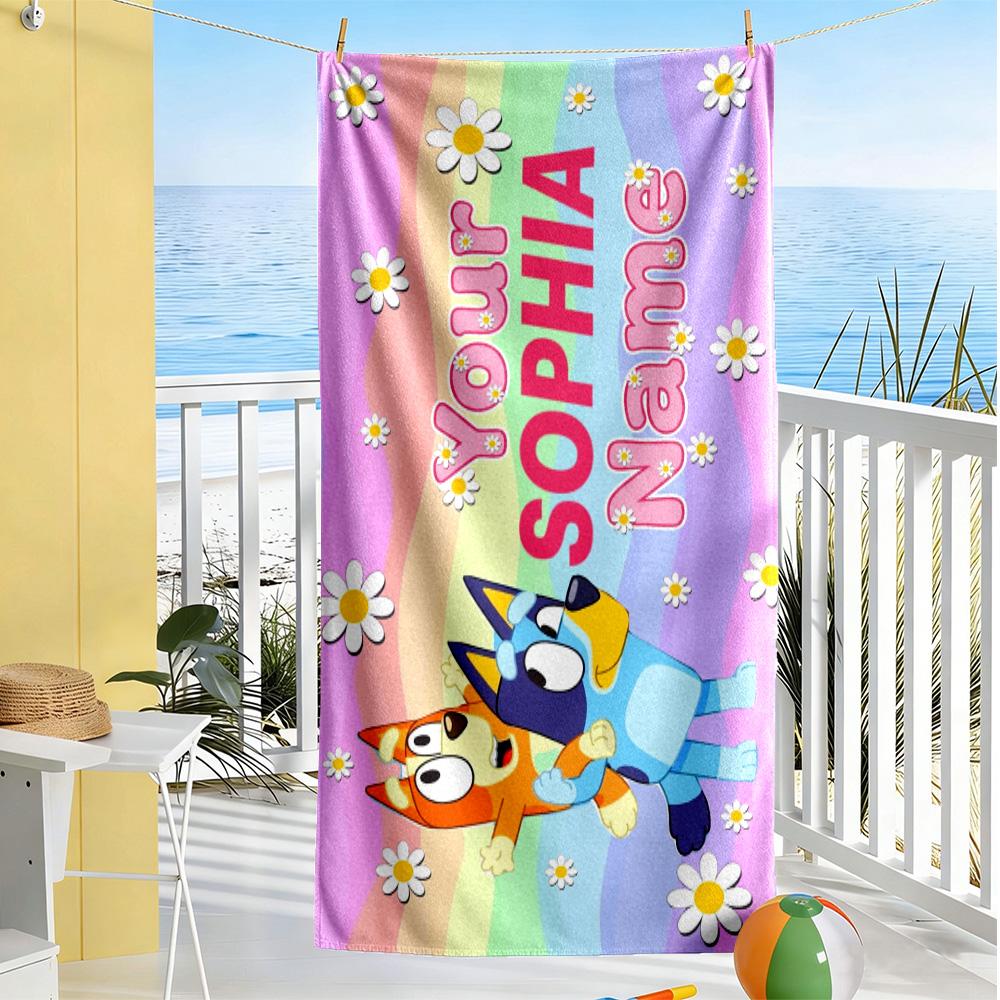Bluey Customizable Name Beach Towel Super Soft Microfiber Quickdry Fabric Suitable for Swimming Gym Camping Yoga Vacation
