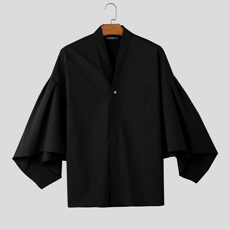 

INCERUN Мужской кардиган с V-образным вырезом, нерегулярными рукавами-клеш, на одной пуговице, повседневный, свободного кроя L чёрный