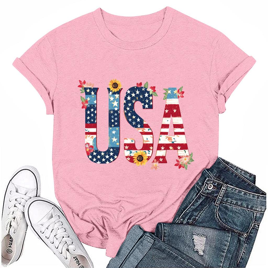 Dámské ležérní tričko s krátkým rukávem a potiskem ke Dni nezávislosti s kulatým výstřihem