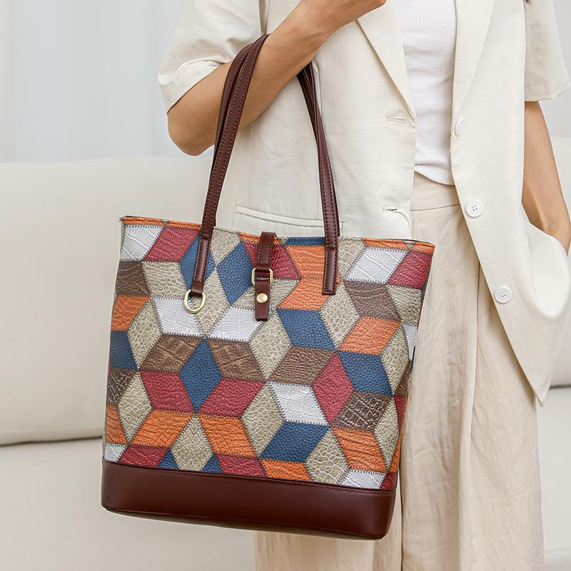 Vintage Velkokapacitní Tote Bag Color Block Dámská taška přes rameno Patchworková kabelka