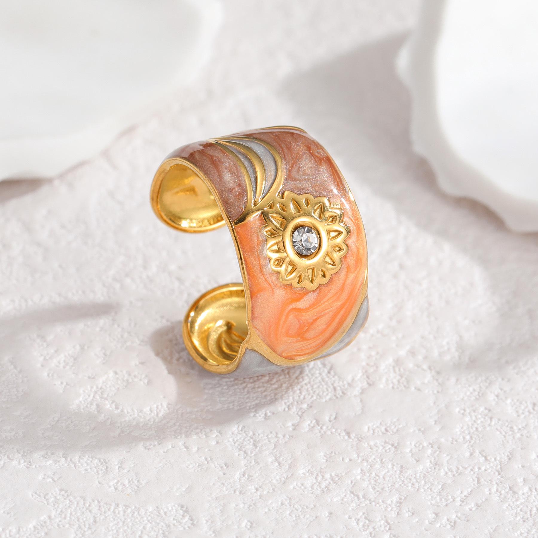1Pcs Retro hand-painted enamel open ring with zirconia flowers and dopamine effect ring